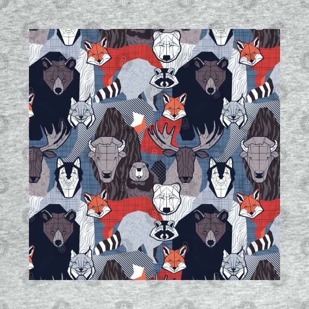 Canadian wild geometric animals // blue background brown bear bull moose beaver bison grey lynx black and white raccoon bear wolf red foxes by SelmaCardoso